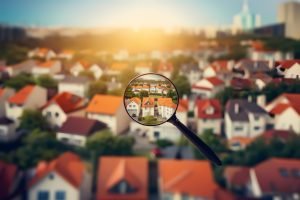 housing search concept. view of the house through a magnifying glass. ai generated.