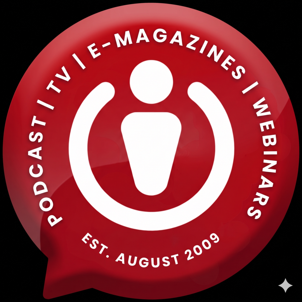 3D glossy red circular logo for The Power Is Now featuring a white stylized power button and human figure icon, with text reading Podcast, TV, E-Magazines, Webinars, and Est. August 2009, set on a solid black background.backgound